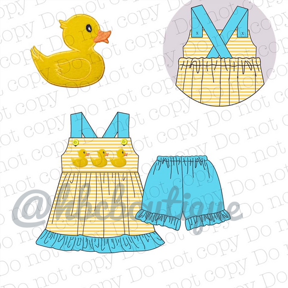 Yellow Duck Appliqué Girls Blue Striped Short Set