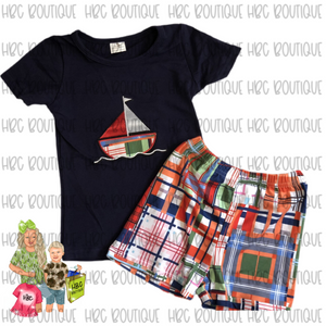 Embroidered Plaid Sailboat Set